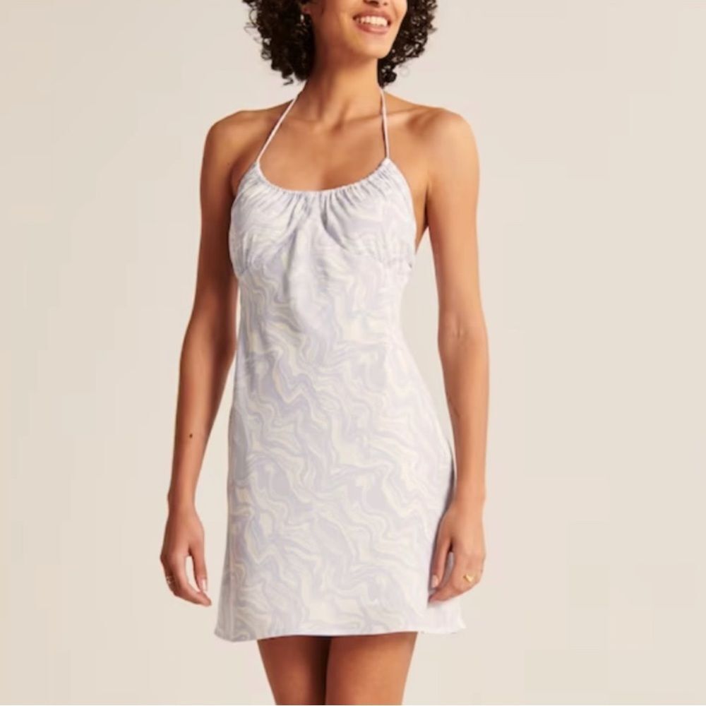 Abercrombie and Fitch Blue and White Wavy Retro Pattern Mini Halter Neck Dress S